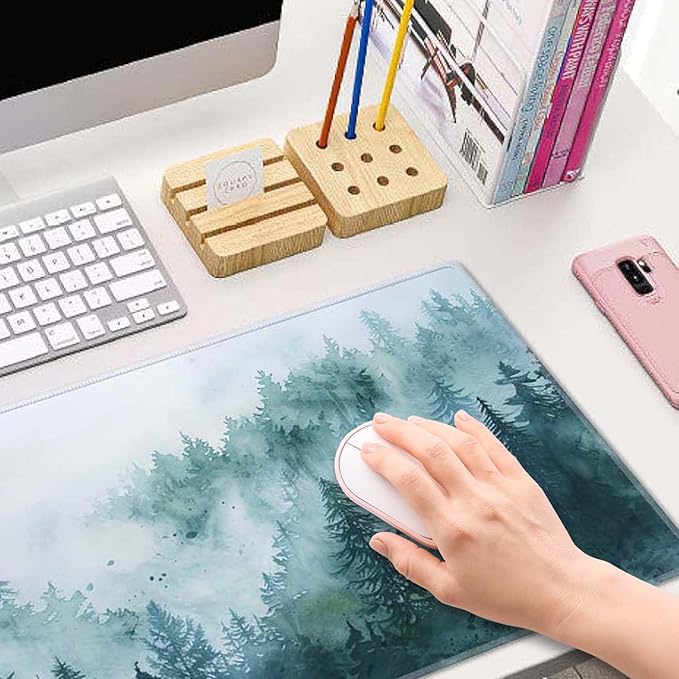 Desk Mat, Big Desk Pad, XL Extended Gaming Mouse Pad, Large Mouse Pad for Desk Rubber Base Mousepad with Stitched Edges, Keyboard Mouse Mat for Work, Game, Office, Home - Watercolor Forest Misty