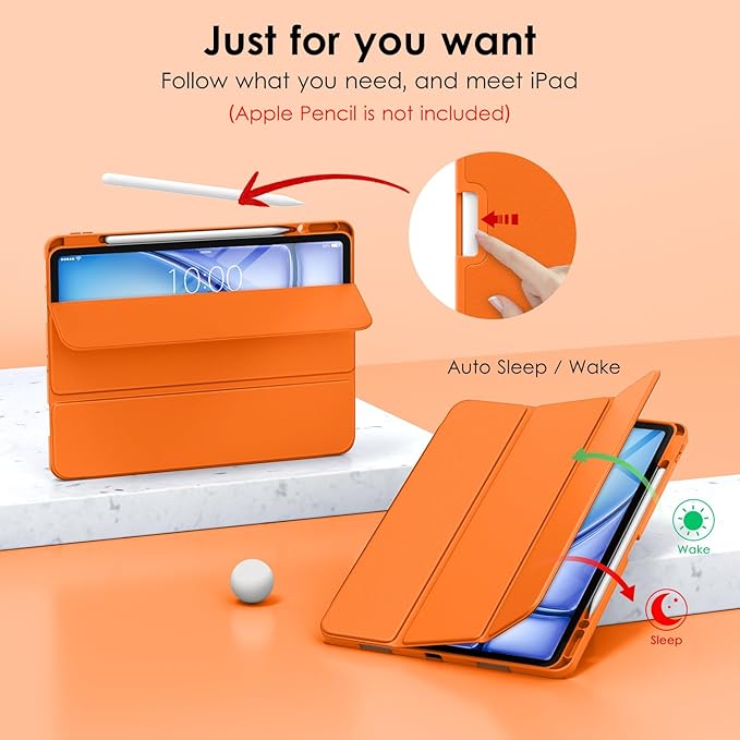 DTTO for iPad Air 13 Inch Case M4/M3/M2 2026/2025/2024, iPad Pro 12.9 Inch Case (6th/5th/4th/3rd Gen), Smart Slim Trifold Stand Soft Cover with Pencil Holder, Orange