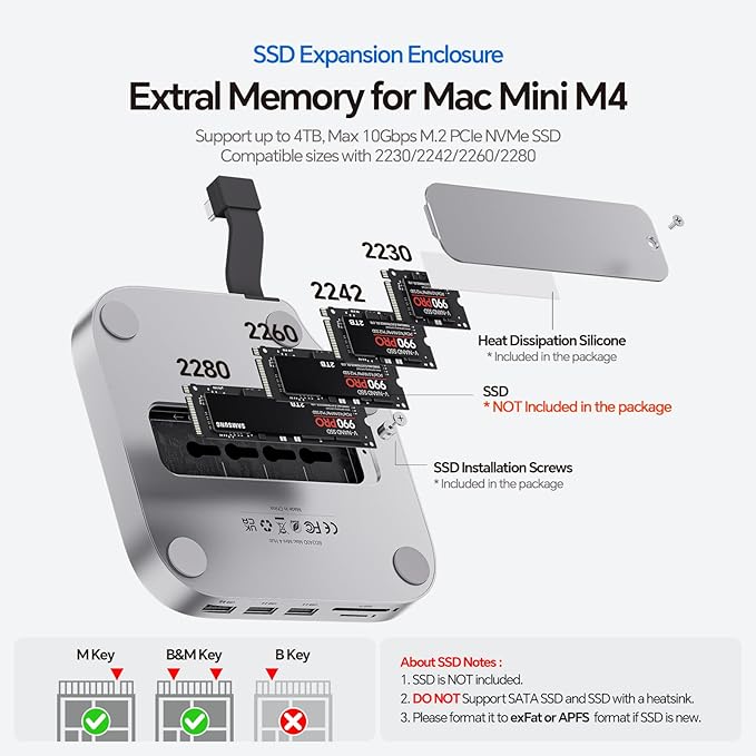 Mac Mini M4 Dock Stand with DP 4K 144Hz & HDMI 4K 60Hz, Mac Mini M4 Pro Hub with 4TB NVMe SSD Enclosure (SSD NOT Included), 3 USB A 2.0, SD/TF 3.0, 3.5mm Audio/Mic, USB C Hub for Mac Mini 2024