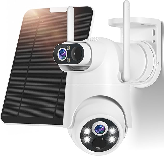 Dual Lens Solar Security Camera Wireless Outdoor – 2.5K HD No Blind Spot with PIR Motion Detection, 360° PTZ, Full Color Night Vision, 5G/2.4GHz WiFi, IP65 Waterproof for Home, Business & Outdoor Use