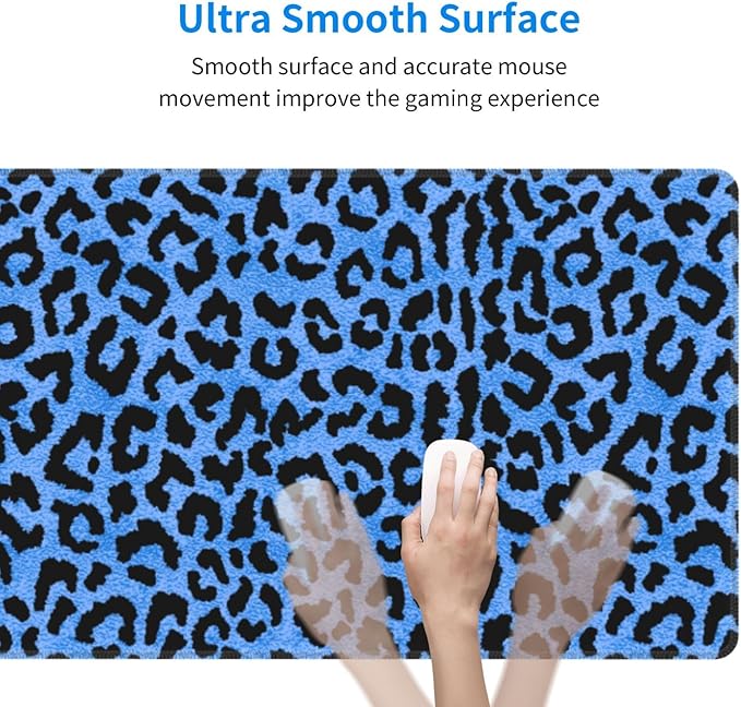 Blue Leopard Skin Print XL Large Mouse Pad with Stitched Edges Long Non-Slip Rubber Base Mousepad Laptop Keyboard Mat Desk Pad for Office Home Desk Decor, 31.5" X 11.8"