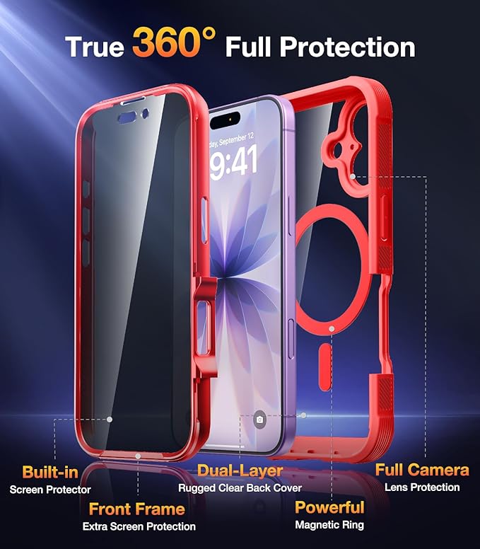 Diaclara Magnetic Designed for iPhone 17 Case 6.3'' [Full Camera Protection] Full Body Bumper with Privacy Screen Protector, [Compatible with MagSafe] Military Drop Proof Phone Case, Red