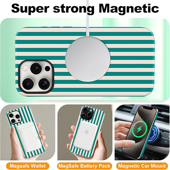 Magnetic for iPhone 15 Pro Case Cute Stripes Phone Case, Shockproof Slim TPU and Hard PC Protective Phone Cover Compatible with MagSafe Designed for Women Girls, Emerald Green