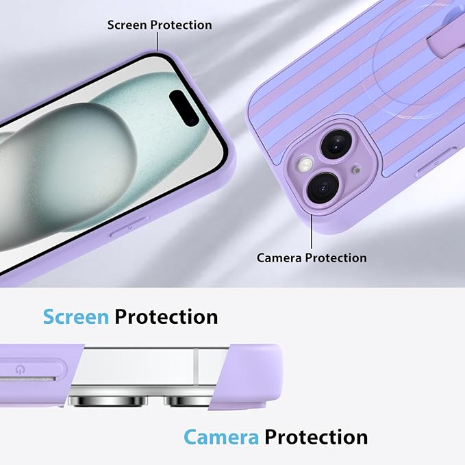 KANGHAR Compatible with iPhone 15 Case, Support for MagSafe, Silicone Stripes Cute Pattern, Wristband Kickstand Camera Protection Soft Slim Cover for Girls Women -Purple