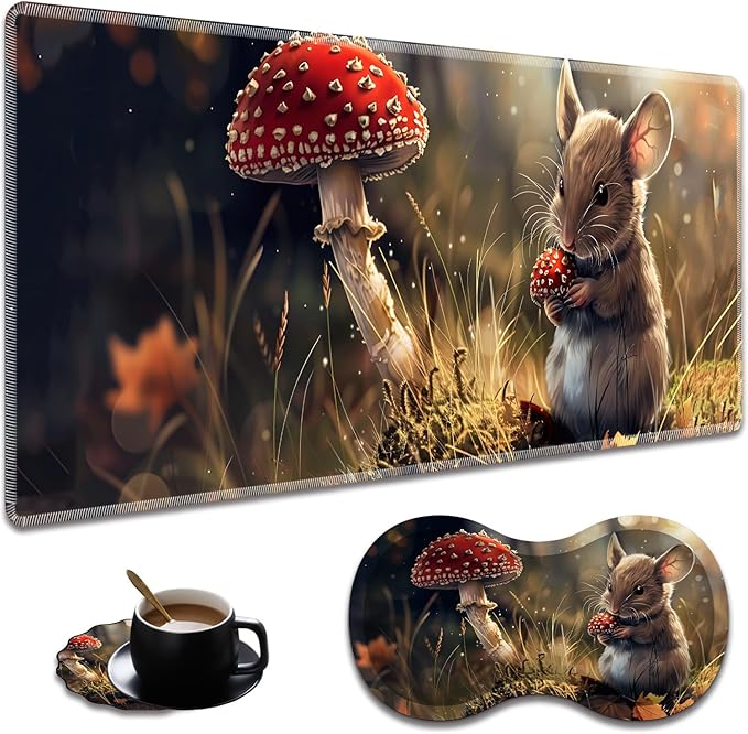 Extended Non-Slip Mouse Pad + Mouse Wrist Rest + Lace-Shaped Coaster Set, Ergonomic Design, Suitable for Desk and Home Gaming Table Mat, Hamsters and Mushrooms