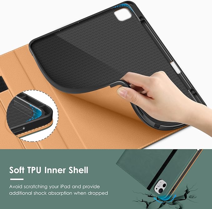 VIKESI Case for iPad Pro 13-inch M5 or M4 Released in 2025 or 2024, Leather Stand Cover with Apple Pencil Holder, Auto Wake/Sleep, Multiple Viewing Angles, Built in Hand Strap & Pocket,Midnight Green