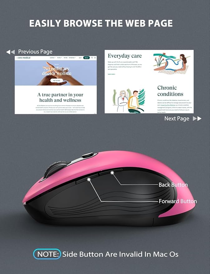 Trueque Wireless Mouse, 2.4GHz Ergonomic Mouse for Laptop & PC, Silent Portable Computer Mice with Back & Forward Buttons, USB-C Adapter for Windows/Mac, M01 (Fuchsia)