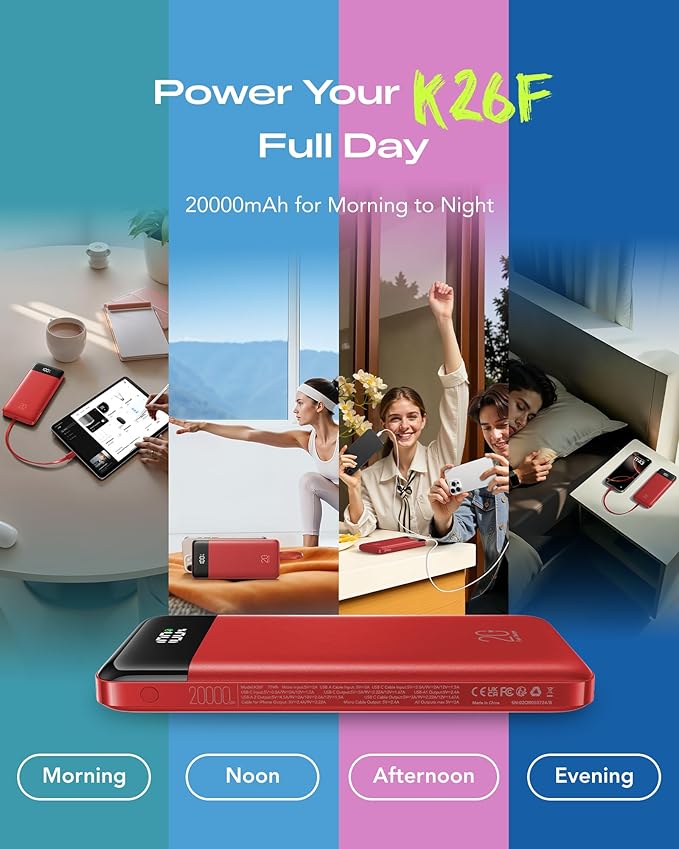 Orfeika 20000mAh Power Bank Fast Charging, Portable Charger with 4 Built-in Cables & 6 Outputs, 20W PD USB C Battery Pack Compatible with iPhone 16/15, Galaxy, Android, iPad & More (Travel Essential)