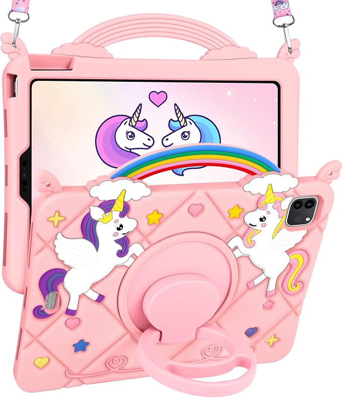 Uppuppy for iPad Air 11 inch Case(Air M4 2026, 8th Gen/M3 2025/M2)/Air 5th/4th Gen 10.9", for iPad Pro 11 inch Case(4th/3rd/2nd/1st Gen) - Pink Unicorn Cover with Rotating Stand & Strap for Girls