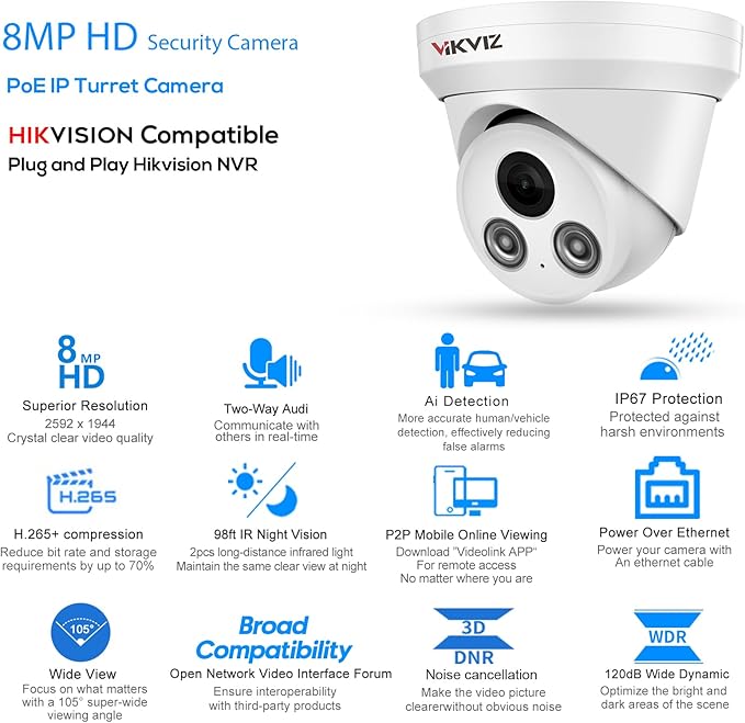 4K PoE Camera Outdoor, 8MP POE Turret Dome Camera with Human/Vehicle Detection, Built-in Mic, 2.8mm 108° Wide-Angle Lens, 98ft IR Night Vision, IP67, Blue Iris for Home Security,NDAA Compliant