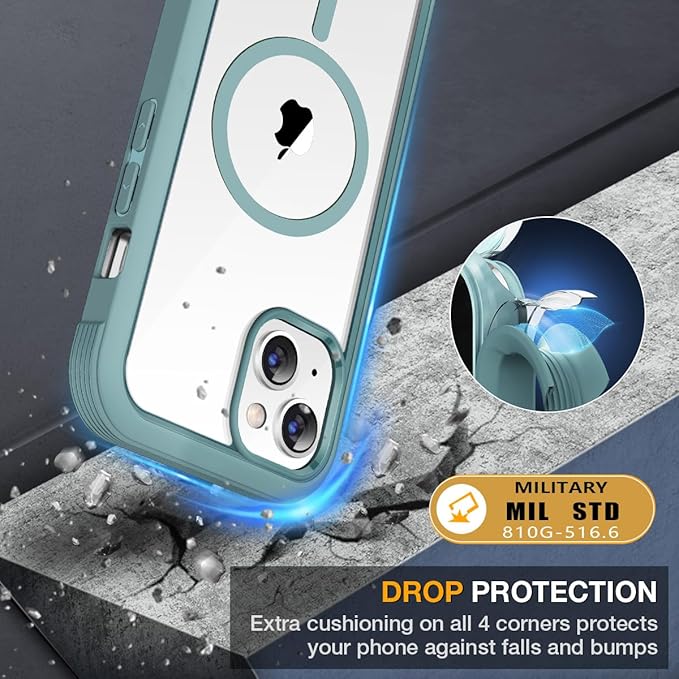 Miracase for iPhone 13 Case 6.1'',Full-Body Magnetic Clear Bumper Case with Built-in 9H Tempered Glass Screen Protector,Military Drop Protection Outdoor Phone Case,Teal