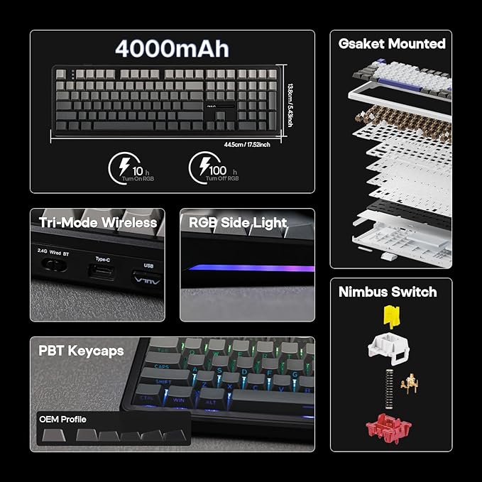 EPOMAKER Aula F108 Wireless Gaming Keyboard, Full Size Mechanical Keyboard with 4000mAh Battery, 108 Hot-Swappable and Programmable Keys, RGB Backlight, for Mac/PC/Android (Shadow Black)