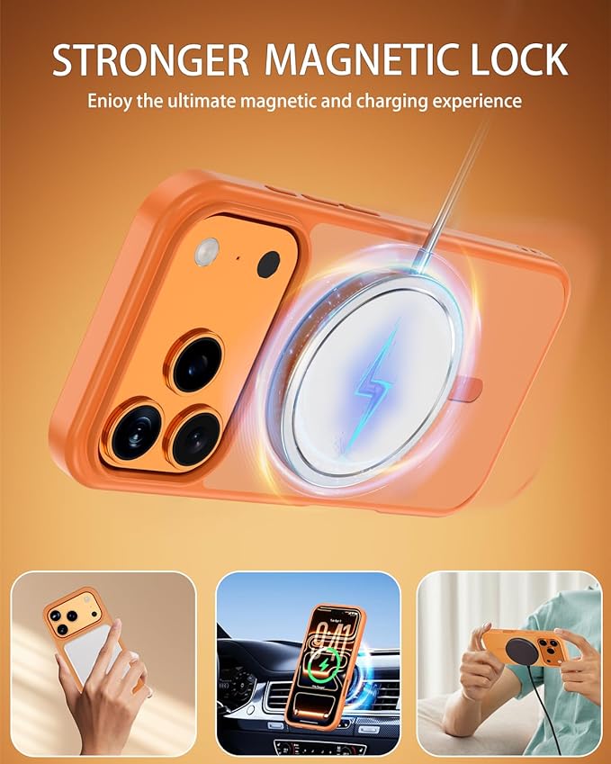 for iPhone 17 Pro Max Case Compatible with MagSafe,Includes Tempered Glass Screen & Lens Protectors,Matte Translucent Anti-Fingerprint,Military-Grade Shockproof Orange Cover