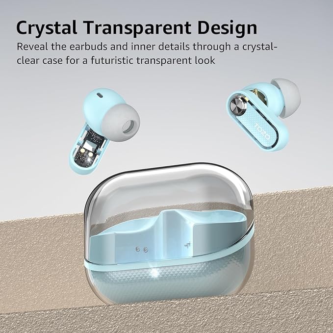 TOZO Crystal Pods Hybrid Active Noise Cancelling Wireless Earbuds, 10mm Drivers Deep Bass, 4 Mics Smart ENC AI Calls, Real-Time AI Translation, 32 EQ via App, Bluetooth 5.4, Crystal Design