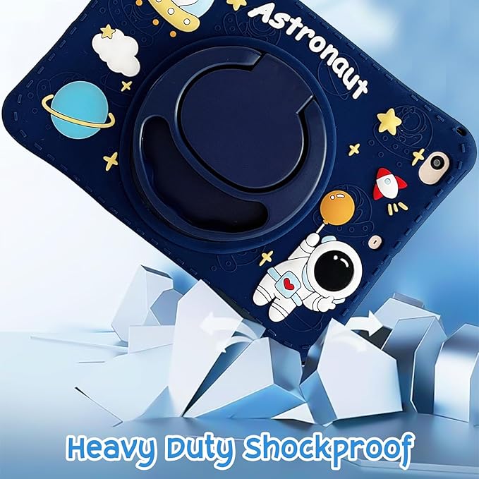 Cute Case for Apple iPad 9th 8th 7th Generation 10.2 Inch 2021/2020/2019 Model, EVA Kickstand Heavy Duty Shockproof Kids Friendly Bumper Case with Shoulder Strap Cover for iPad 10.2", Blue Astronaut