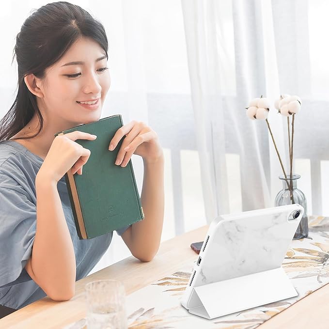 iMieet iPad mini 7 Case 2024 (A17 Pro), iPad mini 6 Case (8.3-Inch,2021 Model), iPad mini 7th/6th Generation Case with Pencil Holder, Trifold Stand Smart Case with Soft TPU Back,Marble White