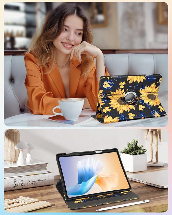 Kidcube for Samsung Galaxy Tab A9 Plus Case 11 Inch - for Women Girls Kids Cute Rotating Stand Folio Cover with Pencil Holder & Card Slot Girly Kawaii Sunflower Design for Samsung A9 Plus Tablet Cases