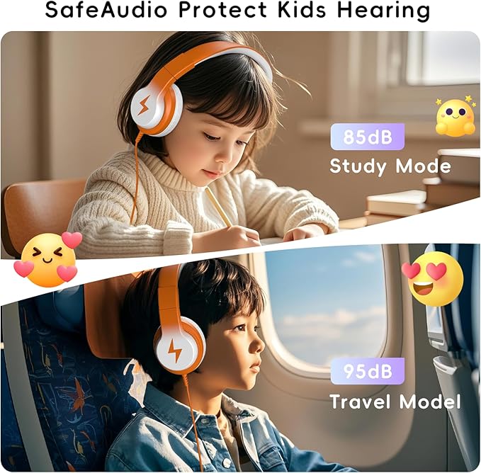 Candy Bila Kids Headphones, Wired Headphones for Kids Over Ear with Microphone, 85/94dB Volume Limiter Headphone for Girls Boys, Foldable Headphone for Learning & Entertainment, White and Orange