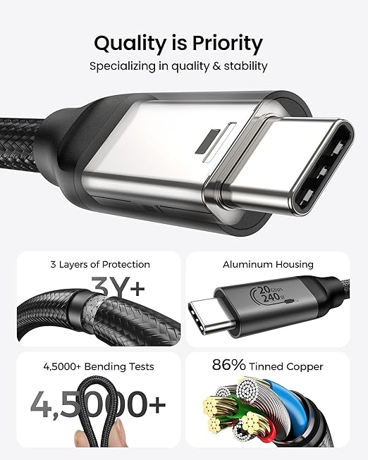 Silkland Long USB C Monitor Display Cable 15FT[4K@144Hz/60Hz 8K@30Hz], USB C 3.2 Gen 2x2 Video Cable, 20Gbps Data Transfer, 240W PD Charging, Compatible with iPhone 16, MacBook Pro, iPad