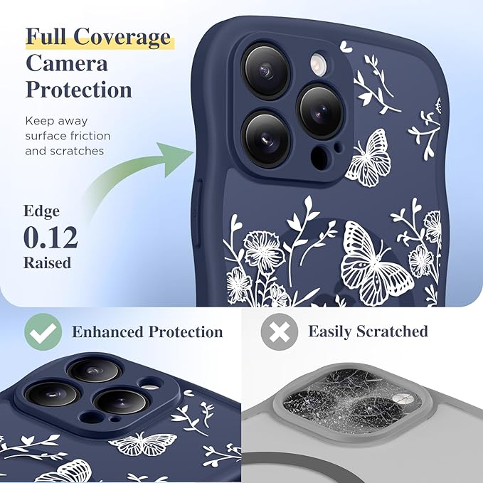GVIEWIN for iPhone 15 Pro Case Compatible with MagSafe [Curly Wave Edge][Full Camera Protection] Floral Translucent Shockproof Magnetic Women Phone Case for iPhone 15 Pro 6.1'', Tuberose/Blue