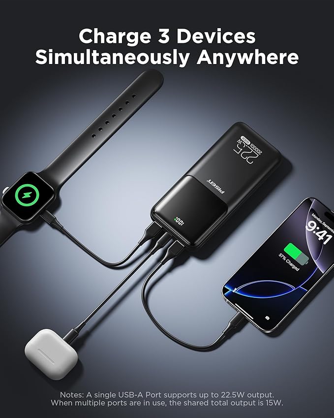 PISEN CCC Certified Power Bank - 20000mAh 22.5W 3C Power Bank, Travel Battery Pack Portable 3C Charger, PD3.0 QC3.0 20000mAh LED Display Portable Charger 2USB-A, 1USB-C for iPhone, Samsung and More