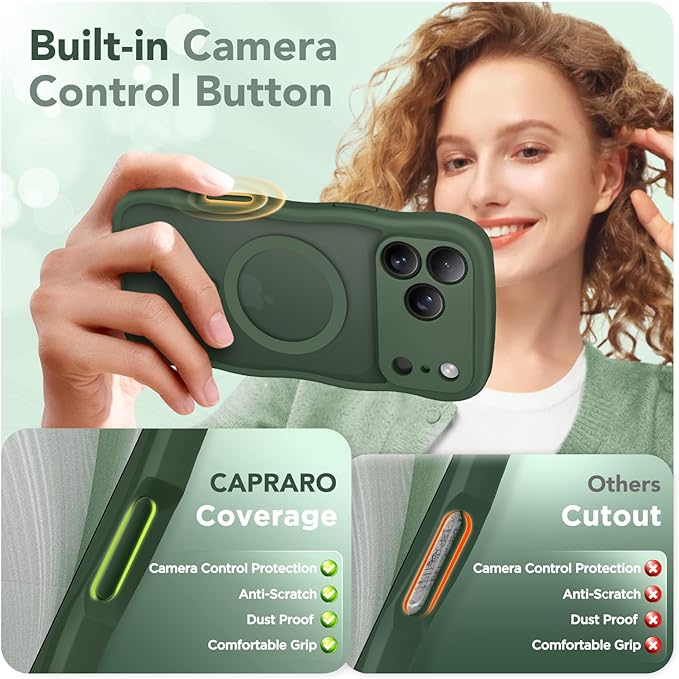 CAPRARO Magnetic for iPhone 17 Pro Case for Women Girls, Upgraded [Full Camera Protection] [Compatible with MagSafe] Cute Wave Translucent Matte Phone Case for iPhone 17 Pro, Deep Green