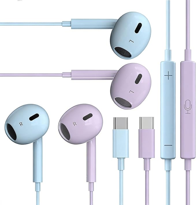 2 Packs USB C Headphones，Type C for iPhone Wired Headphones for iPhone 16/15/17 Earbuds with Mic and Volume Control，Hi-Fi Stereo In Ear Earphones for Galaxy S24/S23~S20/Ultra Note 10/20，Purple+Blue
