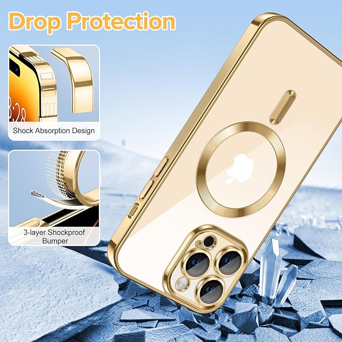 Hython Magnetic Clear for iPhone 14 Pro Max Case with Camera Lens Protector [Compatible with MagSafe] Plating Edge Slim Soft TPU Cover Protective Phone Case for iPhone 14 Pro Max 6.7", Gold