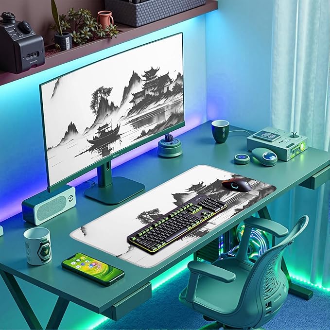 Chinoiserie Mouse Pad Black White Large Ink Painting Desk Mat Landscape XXL Large Gaming Mouse Mat for Office,Computer,Keyboard,Laptop and Home Desk Mat 31.5 X 15.7inch