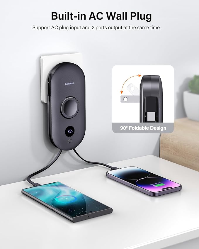 SwanScout Portable Charger for Samsung Watch 8 Classic/8/Ultra/7, 10000mAh Power Bank with Built-in Cables & Wall Plug, 302S Travel Battery Pack Compatible with iPhone, Samsung, and More