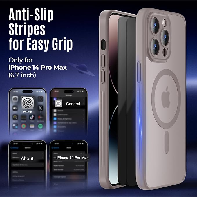 Symcele Designed for iPhone 14 Pro Max Case, Compatible with MagSafe, with Privacy Screen Protectors X2, [Camera Protection] [15FT Drop Protection] Shockproof Phone Case, 6.7", Natural Titanium