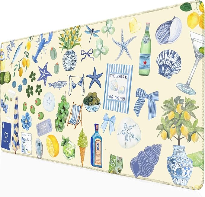 Cute Pastel Coastal Desk Mat with Vibrant Sea Life Beige Large Mouse Pad Cozy Aesthetic XXL Mouse Pad Anti-Slip Big Mousepad with Stitched Edges for Computer Desktop