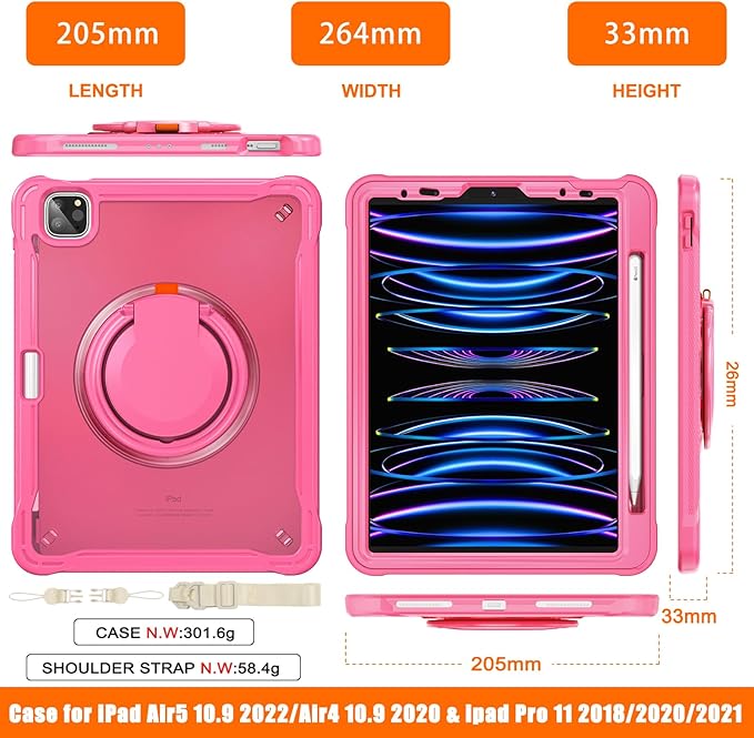 Batianda Ultimate Protective Case for iPad Pro 11-inch 2022 4th M2 Chip /2021 (3rd Generation) Rugged Shockproof Tablet Cover with 360° Rotatable Kickstand & Shoulder Strap & Pencil Holder, Pink