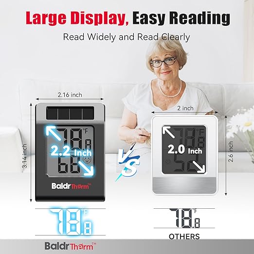 BaldrTherm Humidity Meter Hygrometer, Solar-Powered Room Thermometer Indoor Digital Temperature Sensor Monitor, 2.2''Humidity Gauge for Baby Rooms, Home, Office, 1Pack, Black