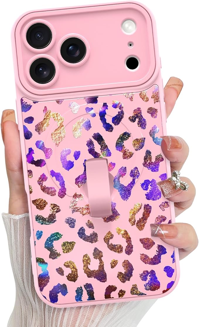 KANGHAR Compatible with iPhone 17 Pro Max Case, Support for MagSafe, Silicone Cute Iridescent Leopard Cheetah Pattern, Wristband Kickstand Shockproof Protective Slim Cover for Women Girls, Pink
