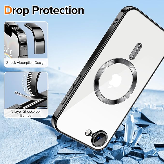 Hython Magnetic Clear for iPhone 16e Case with Camera Lens Protector [Compatible with MagSafe] Luxury Plating Edge Slim Soft TPU Cover Protective Phone Case for iPhone 16e 6.1", Black