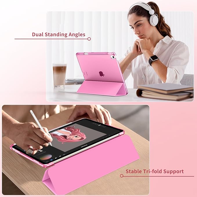 MoKo for iPad Air 11 inch Case (M4/M3/M2) 2026/2025/2024, iPad Air 5th/4th Gen 10.9 inch Case 2022/2020 with Pencil Holder, Slim Trifold Cover with Hard PC Translucent Back Shell, Peony