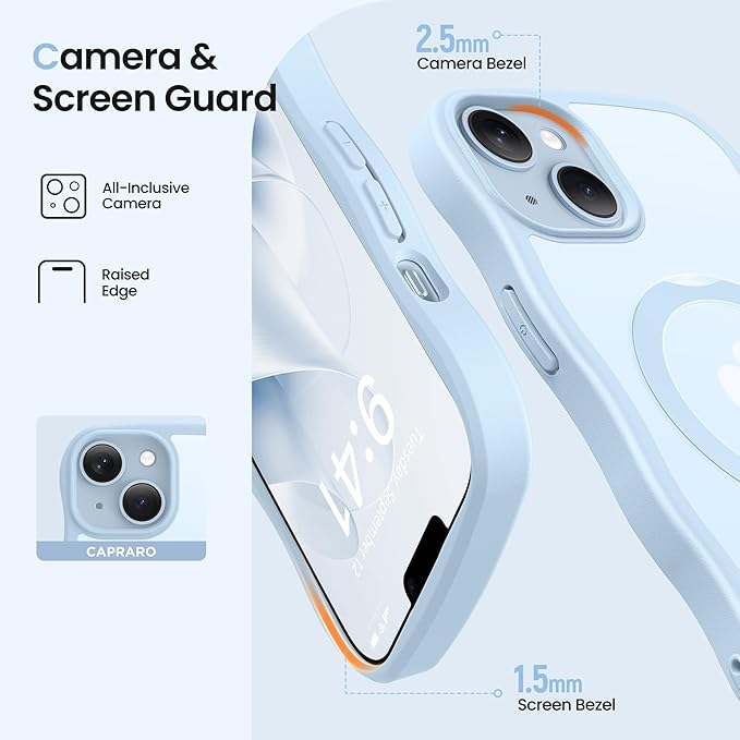 CAPRARO for iPhone 13 Case & iPhone 14 Case with 360° Spin Magnetic Stand for Women, [Compatible with MagSafe] [Camera Protection] Cute Wave Translucent Matte Case for iPhone 13/14, Light Blue