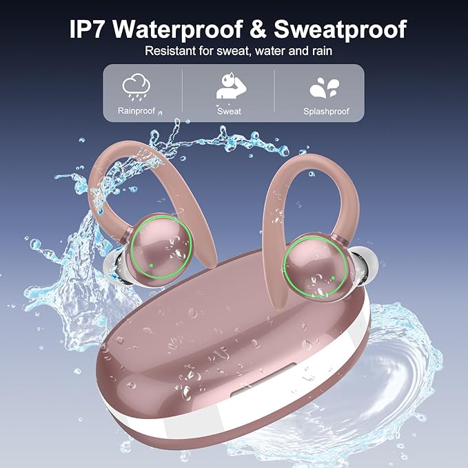 Wireless Earbuds, Bluetooth 5.4 Headphones Sport, Over Ear Buds With ENC Noise Cancelling Mic, 48H, Wireless Earphone With Earhooks, Stereo Deep Bass, IP7 Waterproof for Workout Running, Rose Gold