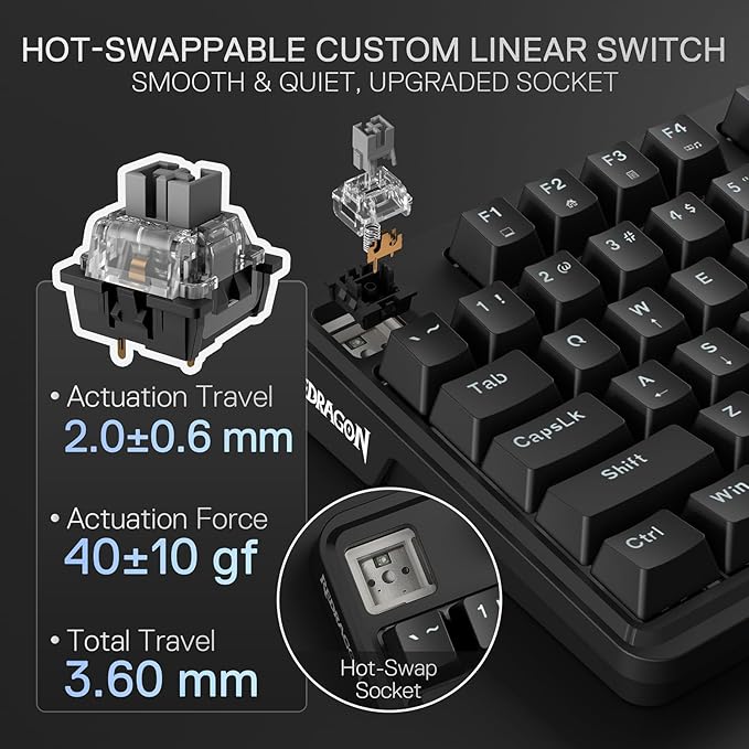 Redragon K745 Wired Gasket RGB Gaming Keyboard, 108 Keys Mechanical Keyboard w/Extra 4 Hotkeys, Upgraded Hot-swappable Socket, 5-Layer Noise Dampening, Creamy & Thocky Custom Linear Switch
