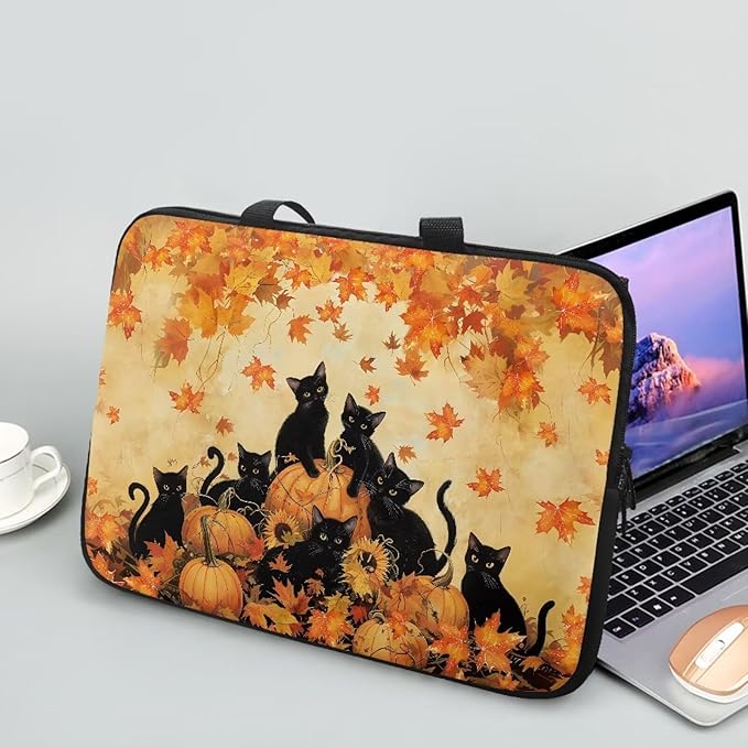 Cat Pumpkin Maple Leaf Laptop Sleeve, 10-17 Inch Portable Zipper Carrying Sleeve Case Bag Computer Tablet Handbag Case Thanksgiving Notebook Messenger Briefcase for Travel/Business