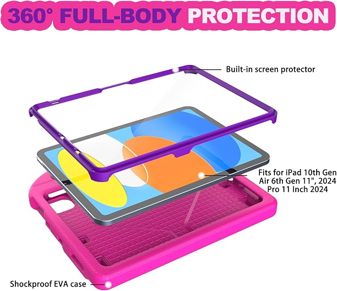 YIHE Kids Case for iPad A16 11th Generation (11" 2025) & 10th Gen (10.9" 2022) | Shockproof Tablet Cover with Built-in Screen Protector & Pencil Holder for iPad 10.9/11 Inch, Pink Purple