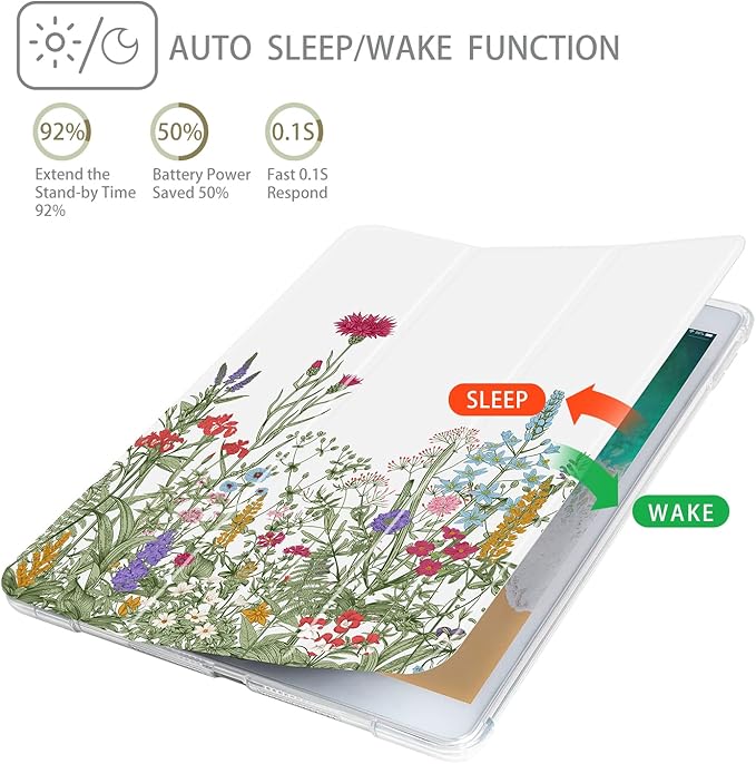 Case for iPad 9th/8th/7th Generation, Case for iPad 9th Generation 10.2 Inch with Pencil Holder, cases for iPad 8th Generation Tri-fold Cover Multi-Angle View Adjustable Stand Auto Wake/Sleep, Flowers