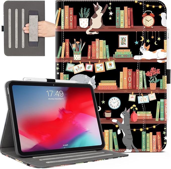 iPad Pro 13 inch Case (M5) 2025, Case for iPad Pro 13-inch (M4) 2024 with Pencil Holder Multi-Angle View Adjustable Stand Shockproof Protective with Pocket/Hand Strap/Auto Wake Sleep, Bookshelf Cat