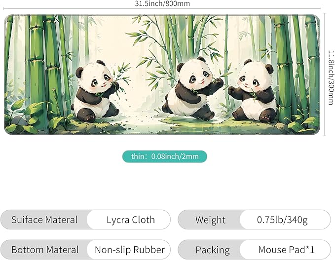 Thin Extended Gaming Mouse Pad （31.5 * 11.8 * 0.08 inch） with Stitched Edges Large Mousepad Long XXL Keyboard and Mouse pad Desk Mat for Gaming Office & Home - Cute Panda