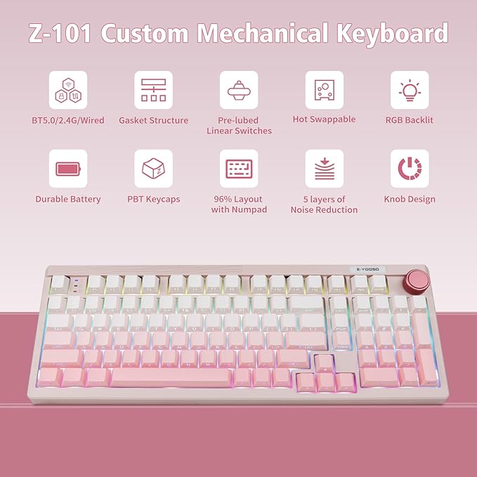 E-YOOSO Wireless Mechanical Keyboard, 96% Custom Gaming Keyboard with Knob, Creamy Sound, Number Pad, Hot Swappable Pre-lubed Linear Switches, RGB Backlit, 2.4GHz/Bluetooth/USB Wired, Pink