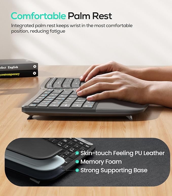 Nulea RT07B Wireless Ergonomic Keyboard - Split Keyboard, Wrist Rest, Natural Typing, Bluetooth and USB Connectivity, USB-C Rechargeable,Compatible with Windows Mac (Silver White)