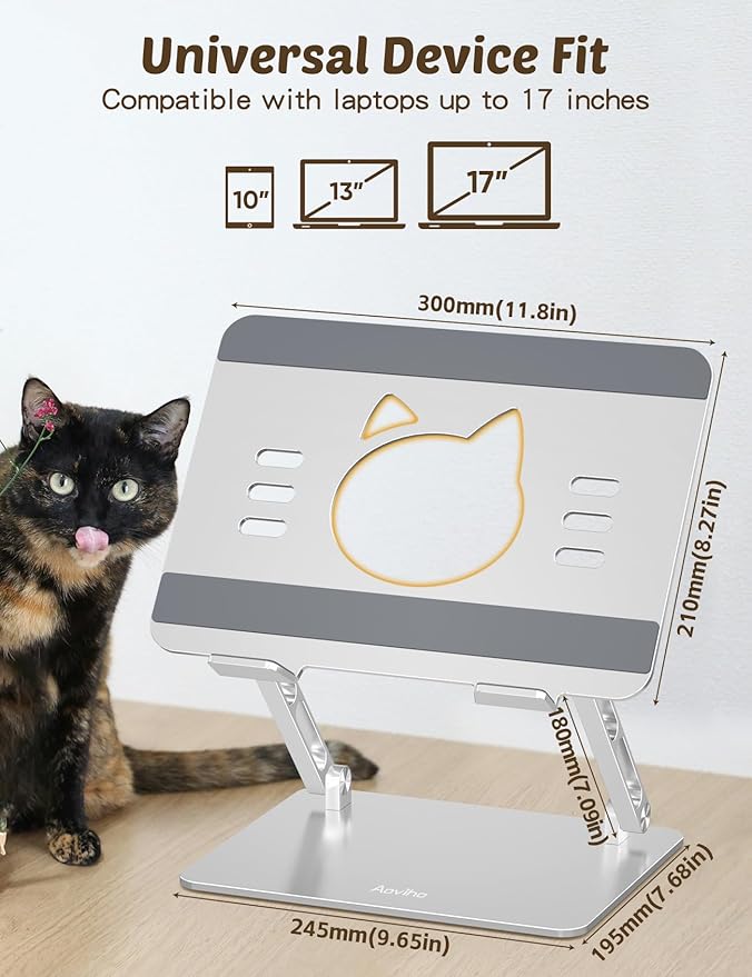 Aoviho Laptop Stand for Desk – Adjustable Aluminum Laptop Riser with Unique Cat-Shaped Cooling Vent, Portable Desk Gift & Decor, Compatible with MacBook Air Pro, Dell, HP, Lenovo (10"-17.3"), Silver