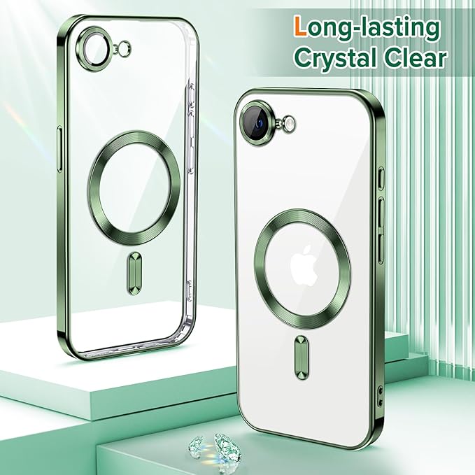 Hython Magnetic Clear for iPhone 16e Case with Camera Lens Protector [Compatible with MagSafe] Luxury Plating Edge Slim Soft TPU Cover Protective Phone Case for iPhone 16e 6.1", Deep Green