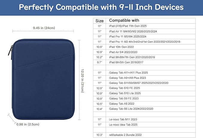 Dadanism 9-11" Tablet Sleeve Bag Carrying Case for iPad (A16) 11th Gen 11", iPad 10th Gen 10.9" Air 5/4, iPad Air M4/Pro 11", iPad 9/8/7th, Galaxy Tab A11+ Plus 11", Remarkable 2 10.3", Denim